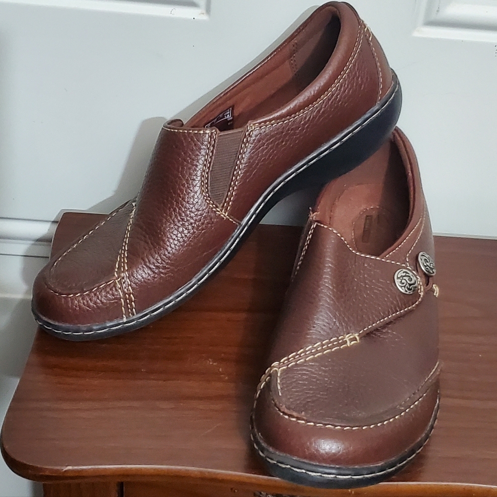 Clarks Ashland Lane Q Redwood Casual Brown Leather Slip On Flats Shoes 7 Ex Cond